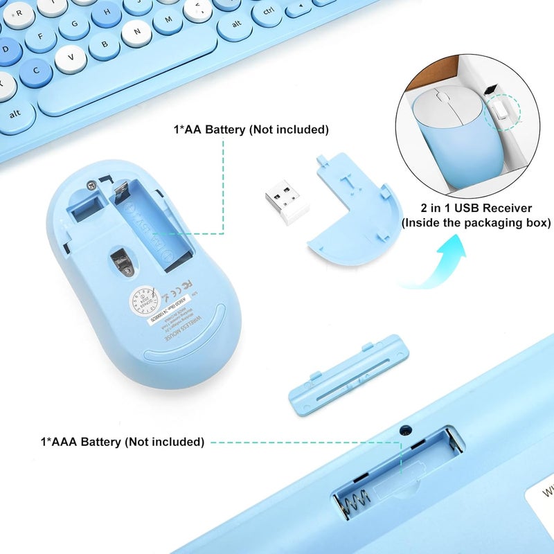GUKJOB Wireless Keyboard and Mouse Combo, Retro Typewriter Keyboard with Round Keycaps, 2.4GHz USB Cute Wireless Keyboard Mouse for Computer, Desktop, Laptop (Blue Colorful) - Image 5